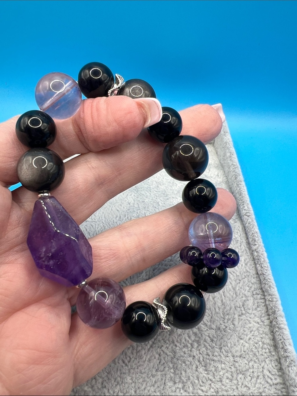 Purple Amethyst & sheen obsidian Bead Stretch Bracelet